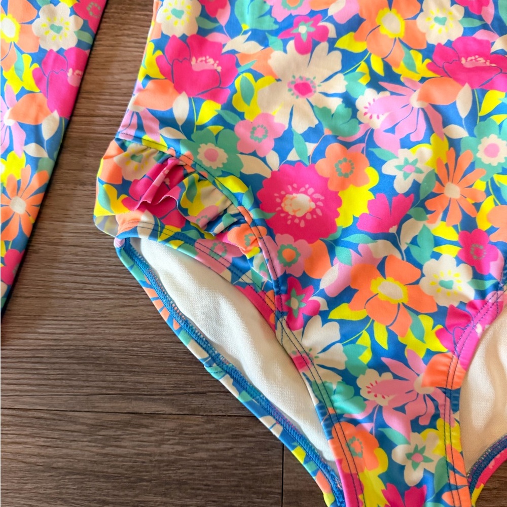 Cat & Jack Girls' Long-Sleeve Floral One-Piece Swimsuit - Pink, Yellow, Blue - Picture 2 of 5